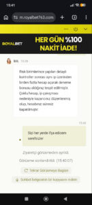 ROYALBET Deneme Bonusunu İptal Ettiler Kanıt Görseli