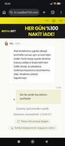 ROYALBET Deneme Bonusunu İptal Ettiler Kanıt Görseli