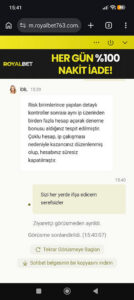 ROYALBET Deneme Bonusunu İptal Ettiler Kanıt Görseli