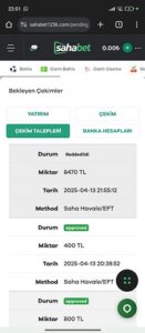 Sahabet bakiye sıfırladı Kanıt Görseli